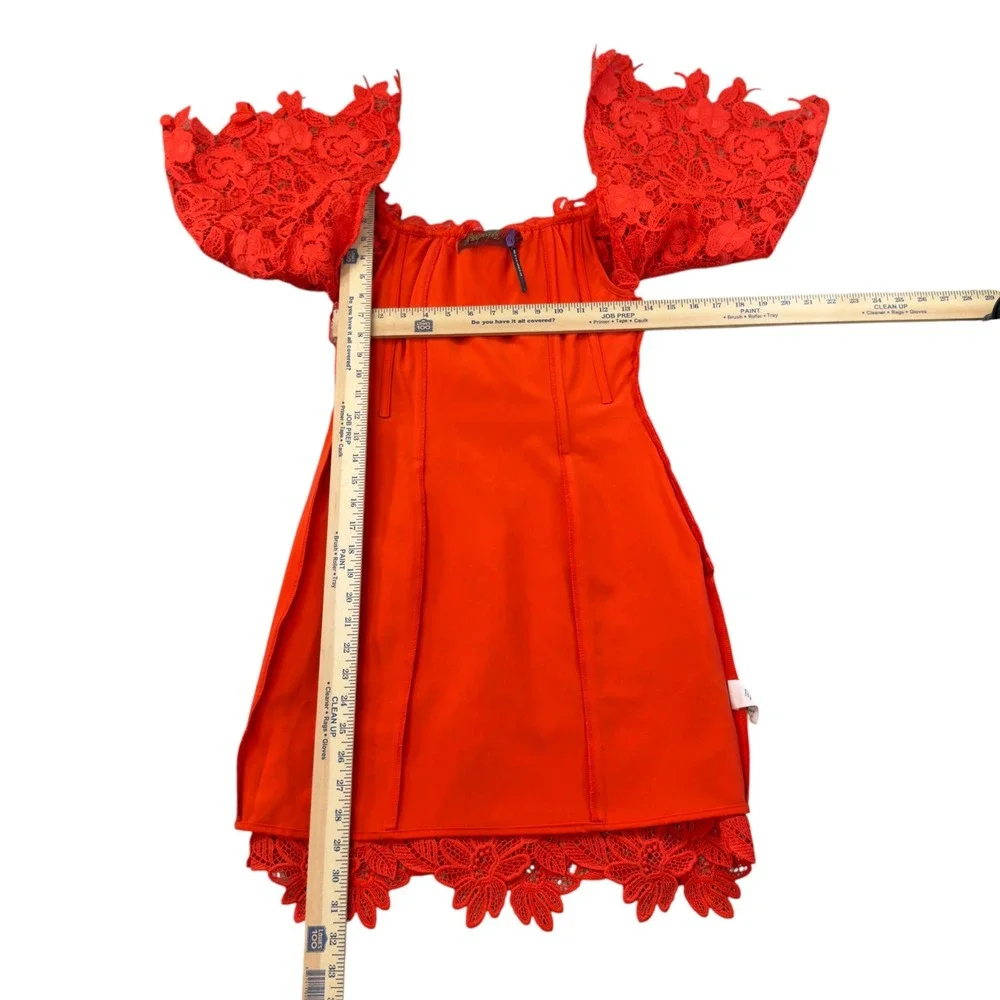 Free‎ People Fiesta Red Lace Dusk Dress Womens Size 2 Floral Lace Off Shoulder